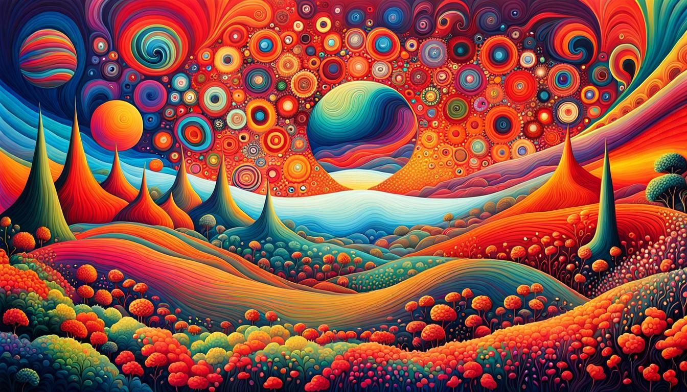 Psychedelic Dreamscape with Iridescent Figure and Neon Flora