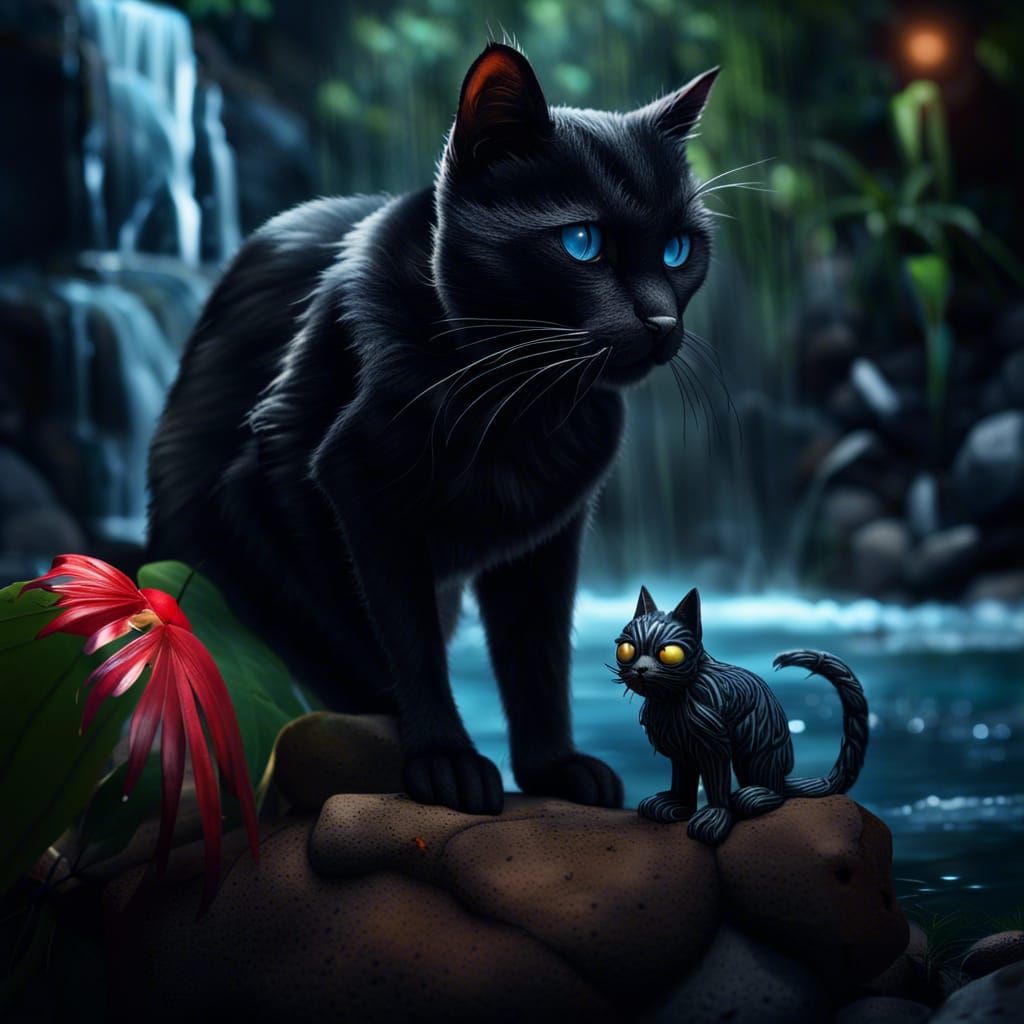 Sinister Black Cat and Voodoo Doll in Tropical Setting