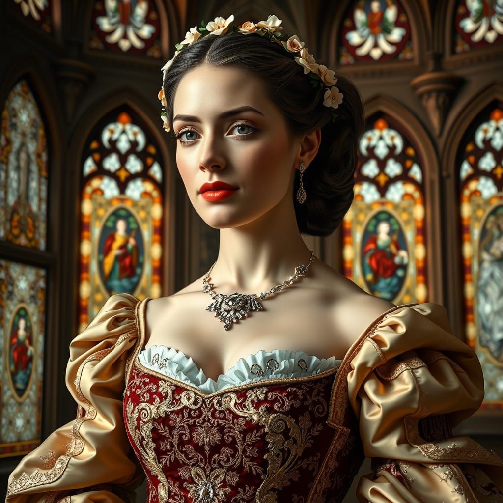 Elegant Woman in Ornate Baroque Gown, Set Against Gothic Arc...