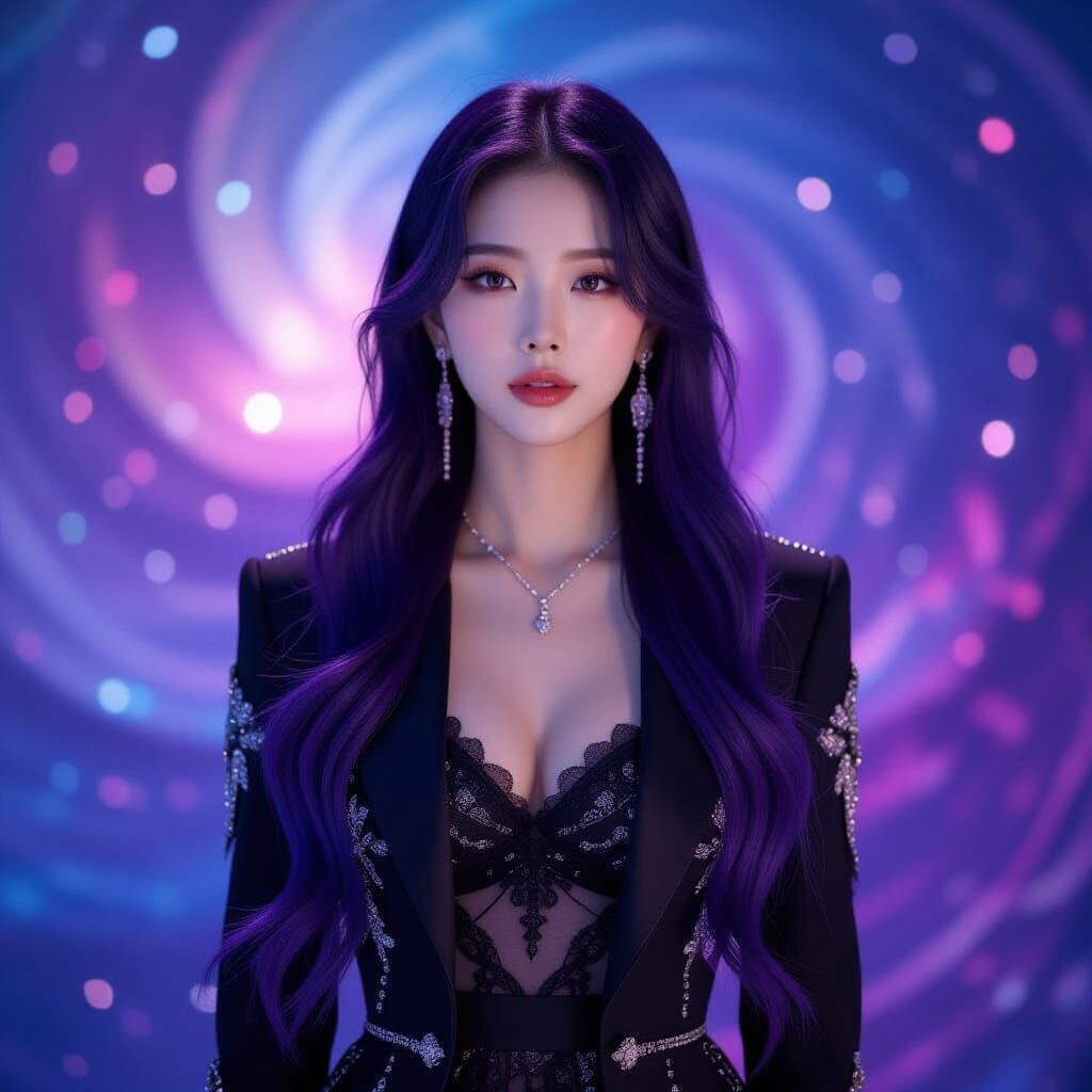 Korean-Japanese Idol in Cosmic Backdrop, Violet Hair