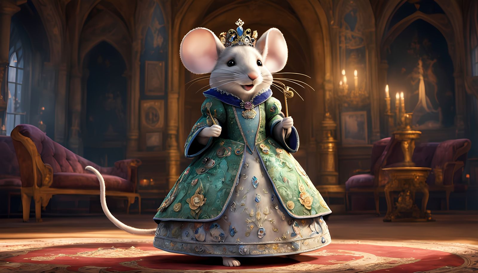 Whimsical Mouse Queen in Regal Brocade