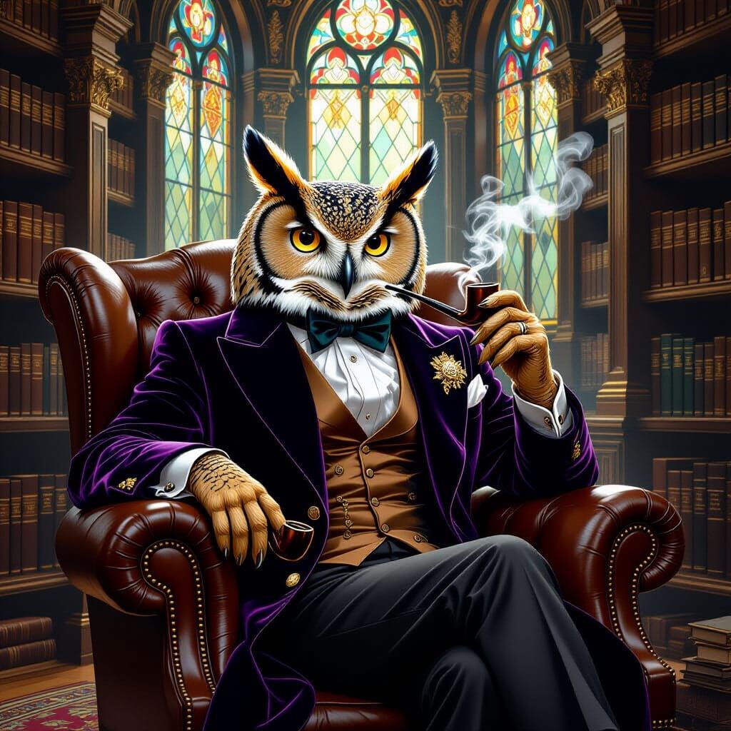 Anthropomorphic Owl in Library, Victorian Art Nouveau Style