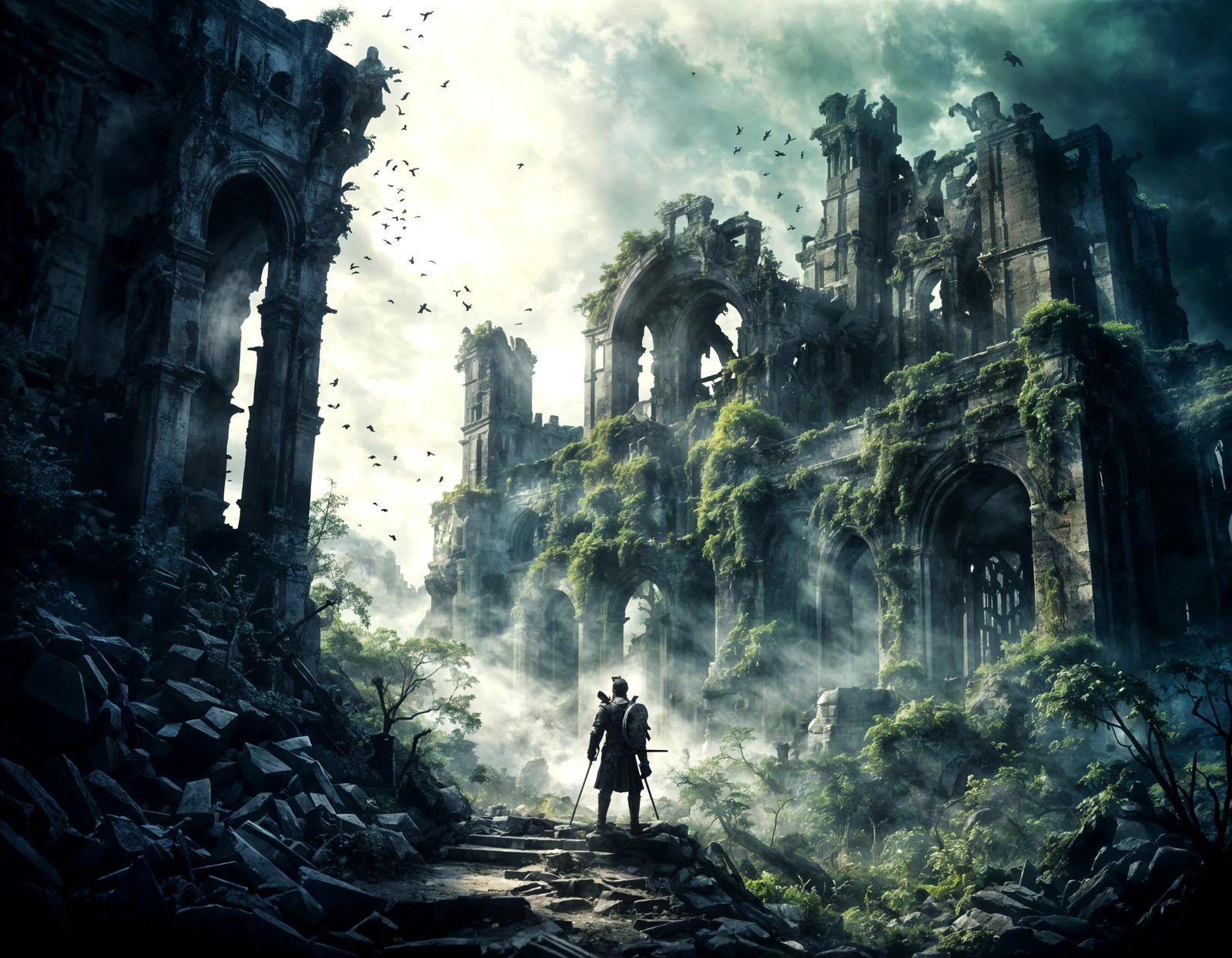 Knight Silhouette Filled With Ancient City Ruins