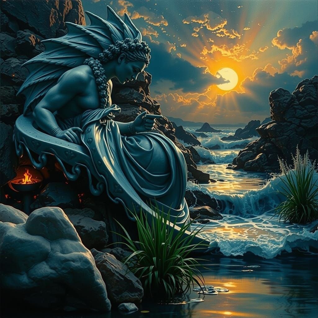 Expressive Sculpture with Sunset Over the Sea