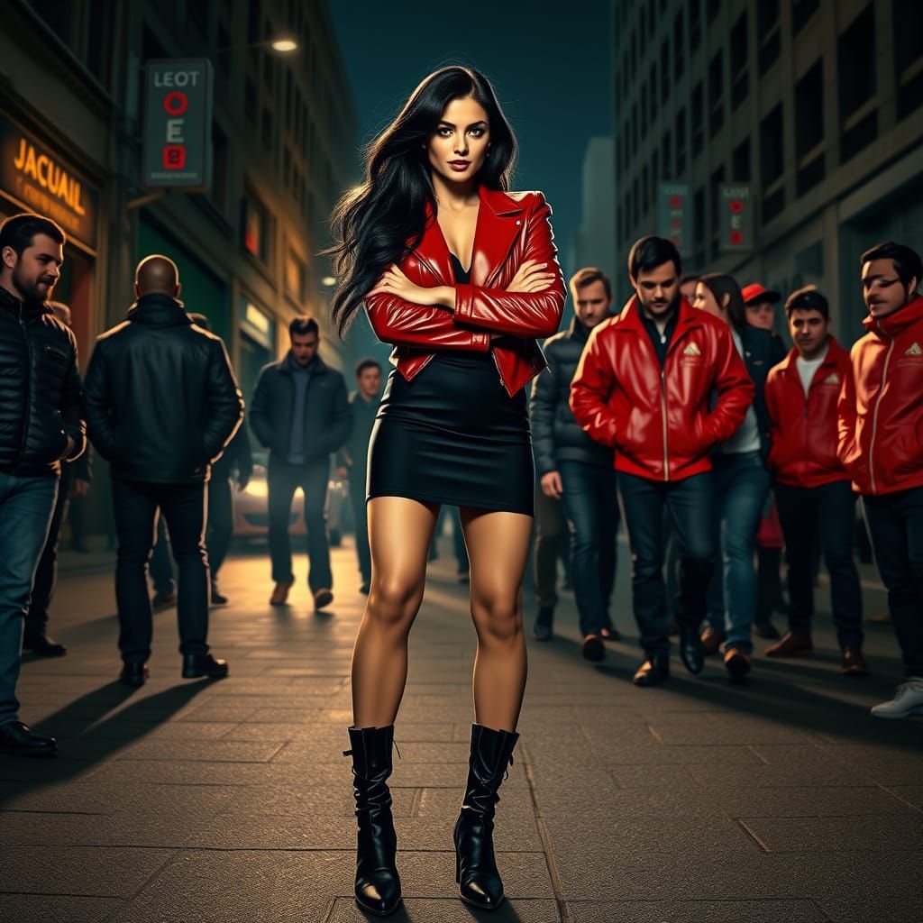 Confident Woman in Black Dress Surrounded by Men