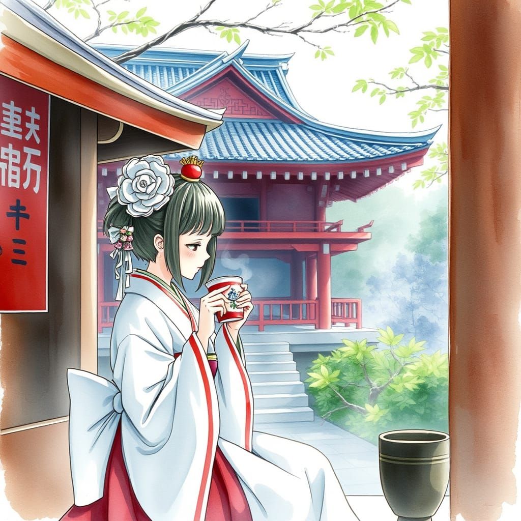 Shrine Maiden in Serene Watercolor Tea Scene