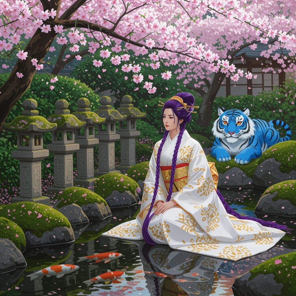 Serene Japanese Garden at Dawn with Woman and Blue Tiger