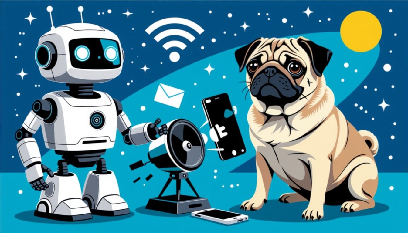 Robot with Pug, Speaker, Satellite, and Smartphone