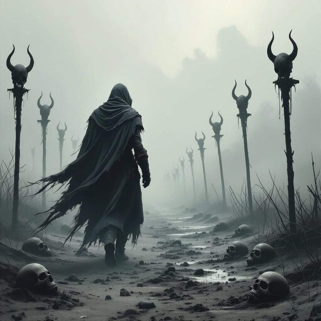Warrior Walks Through Desaturated Horror Landscape