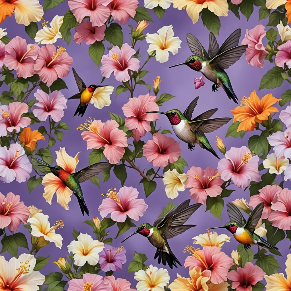Hummingbird Feeds on Hibiscus Flower in Vivid Colors