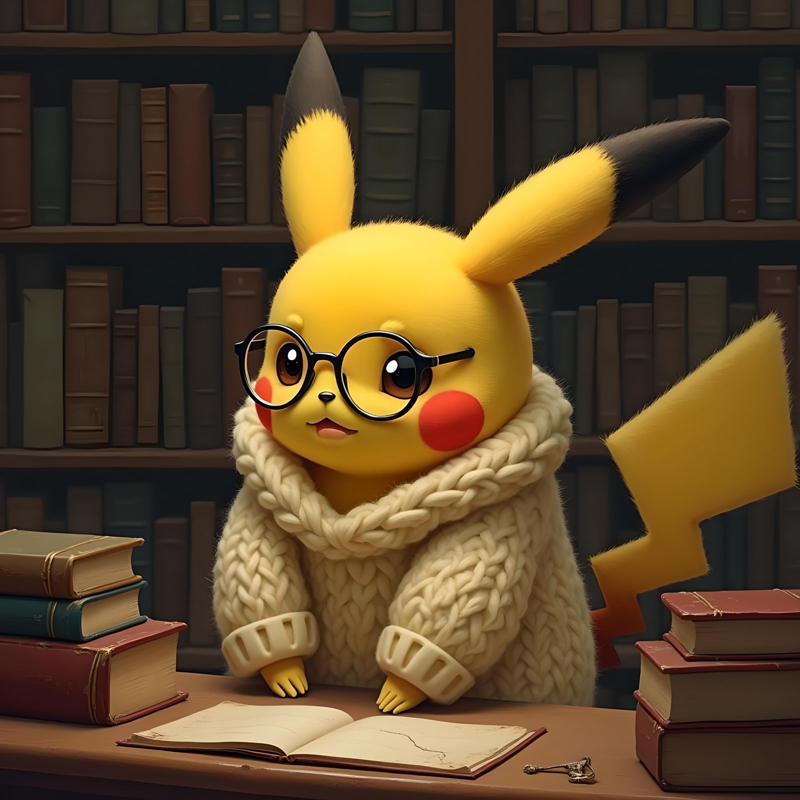 Pensive Pikachu in Library Scene