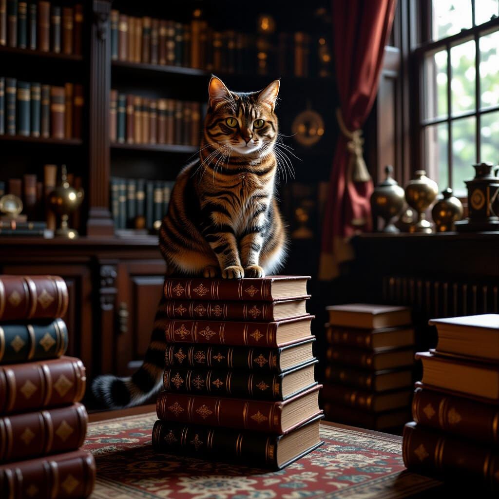 Victorian Cat Perched on Antique Books