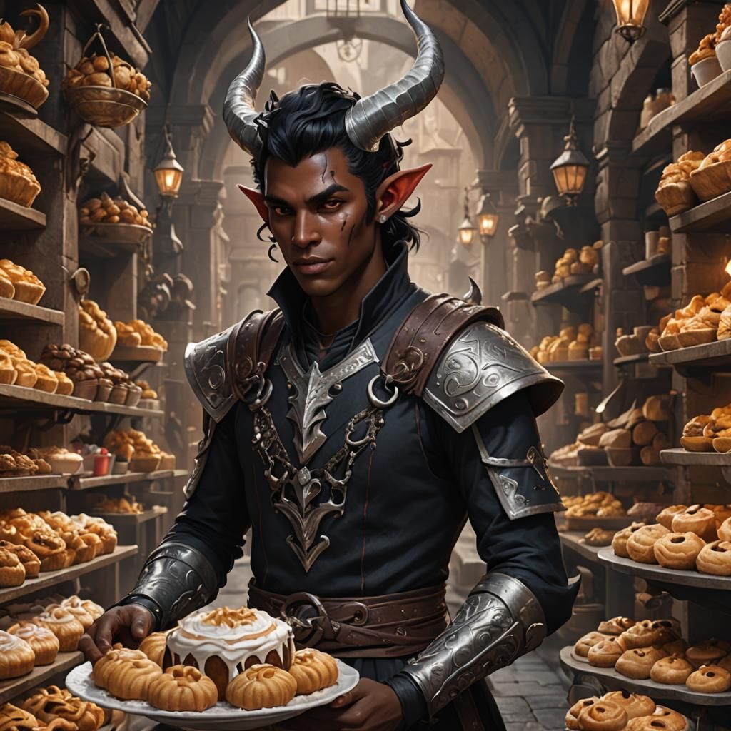 Young Tiefling Shopkeeper in a Fantasy Bakery