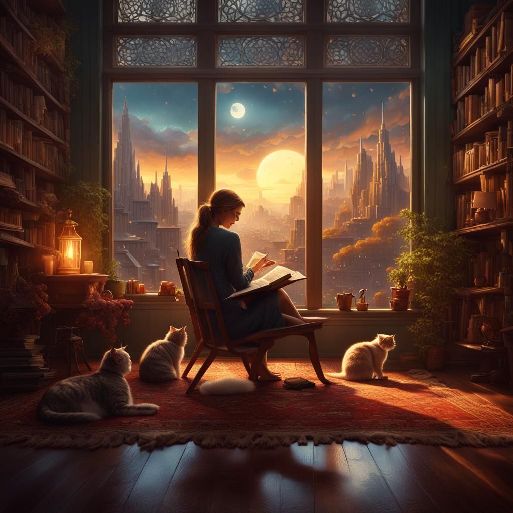 Woman Reading in Cozy Room: Detailed Matte Painting