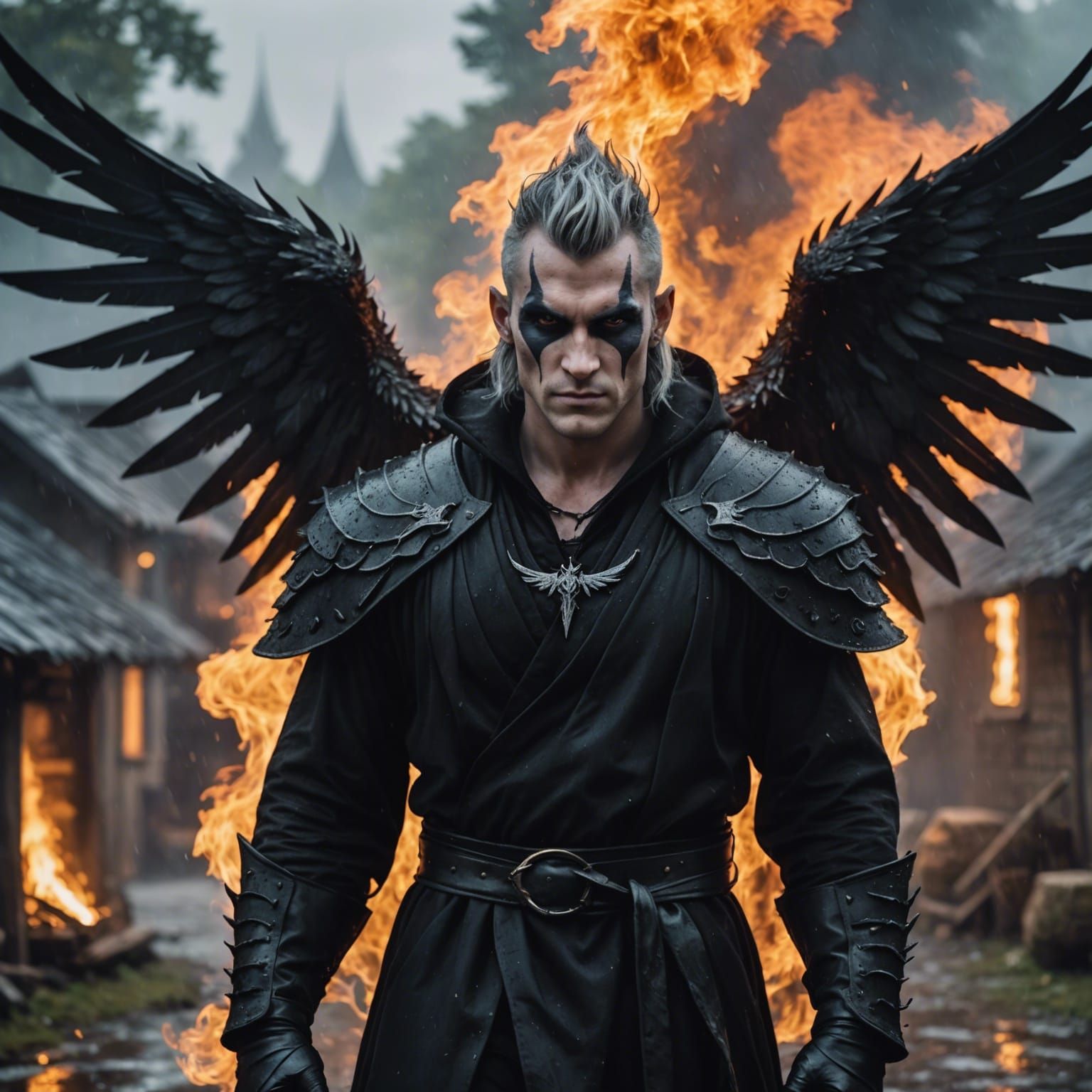 Drow Sorcerer in Burning Village: Professional Photography