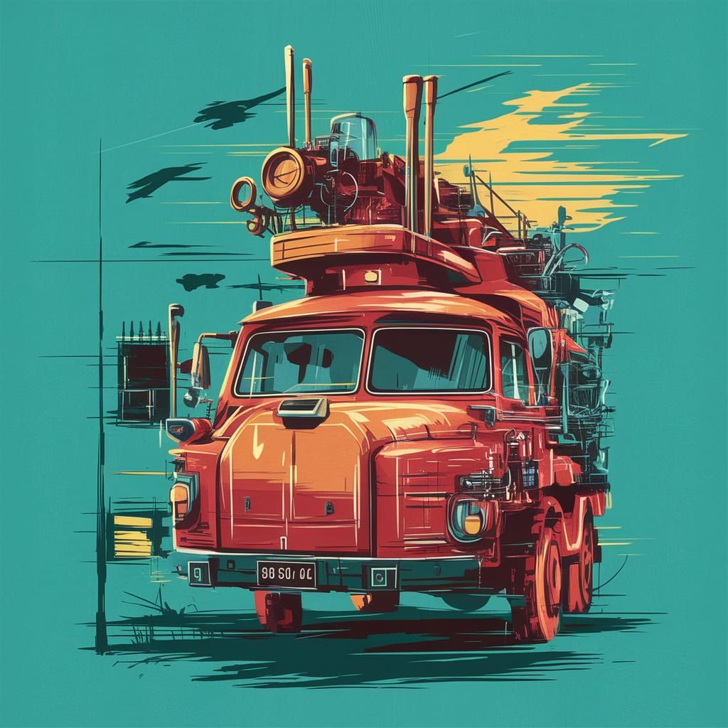 Abstract Cubist Dieselpunk Landscape in Sienna and Teal