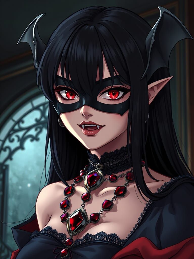Anime Vampire Woman with Gothic Style and Ruby Necklace