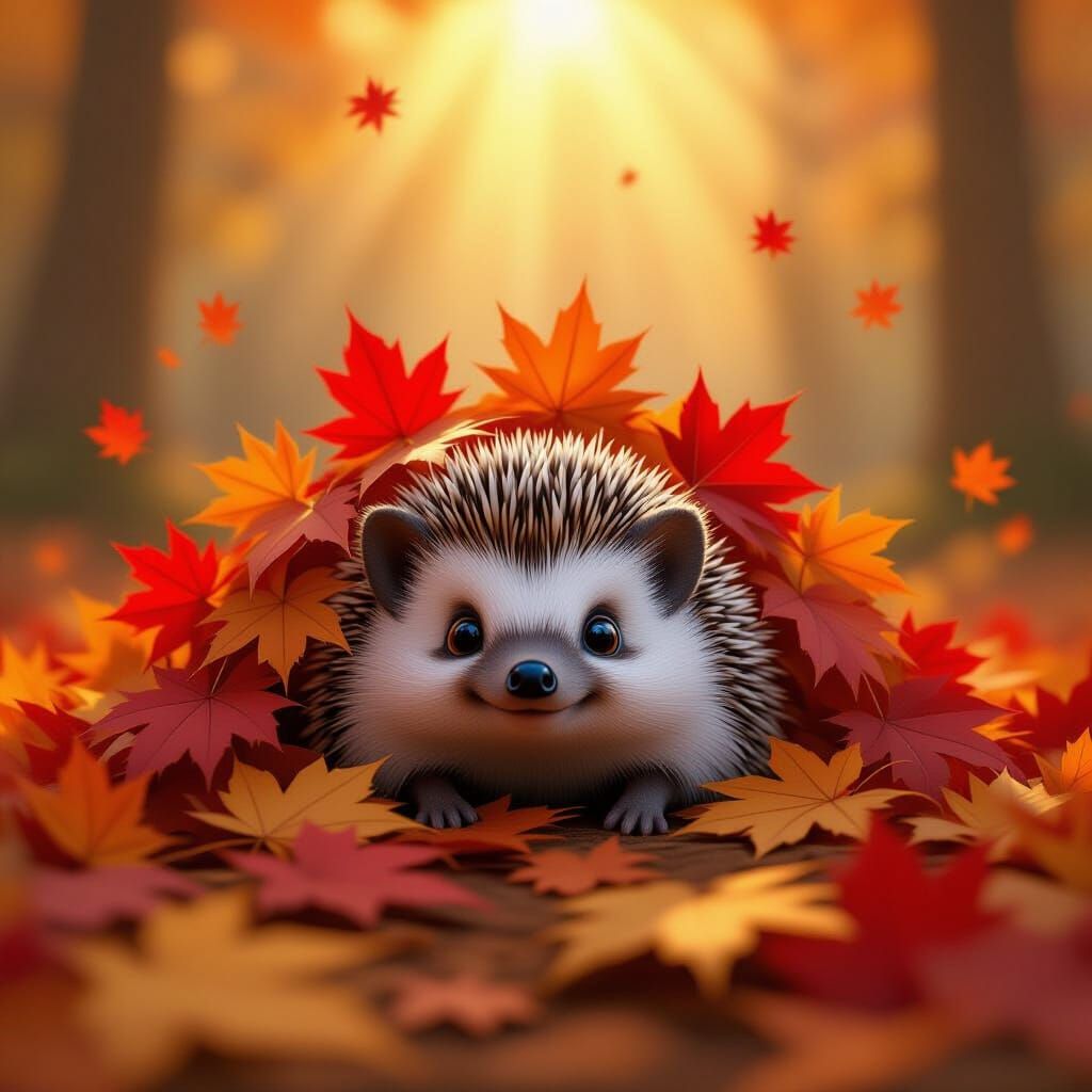 Cute Hedgehog Peeking From Red Maple Leaves