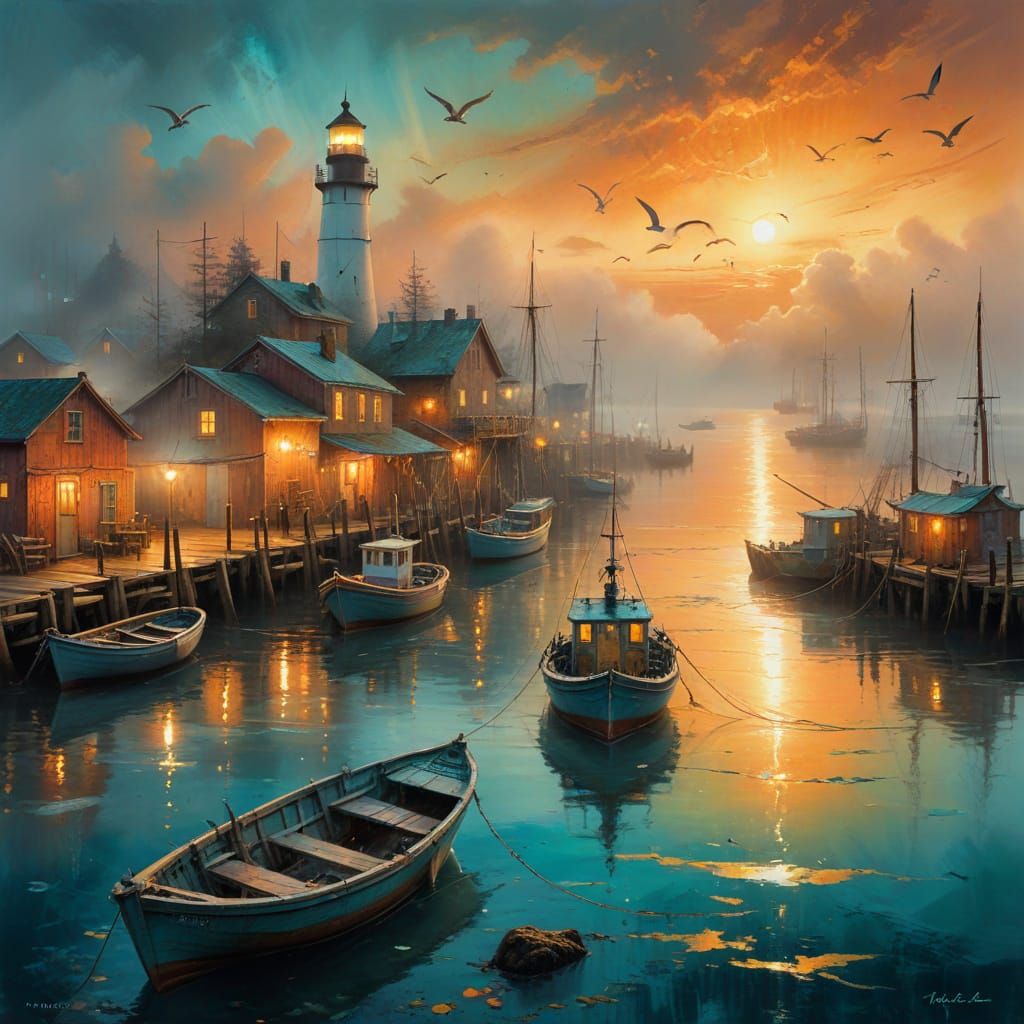 Fishing Village Harbor at Sunset in Vibrant Color