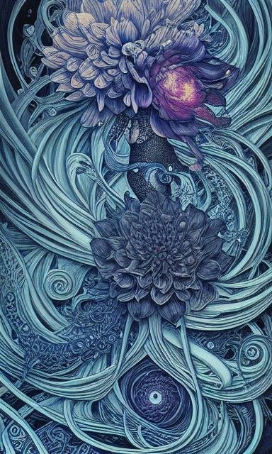 Glassy Liquid Blue Dahlias Ink Illustration