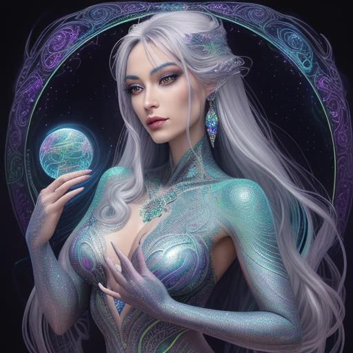 Gemini Woman in Holographic Dreamscape, Surreal Art