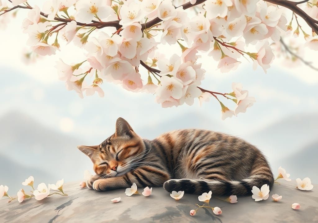Tabby Cat Dream Under Cherry Blossoms, Art Nouveau Style