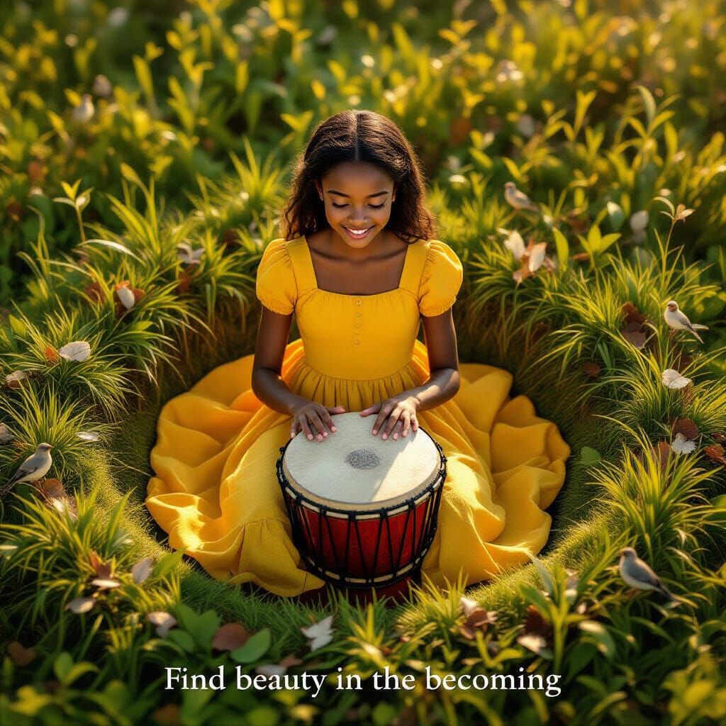 Girl in Yellow Dress Plays Drum at Sunrise