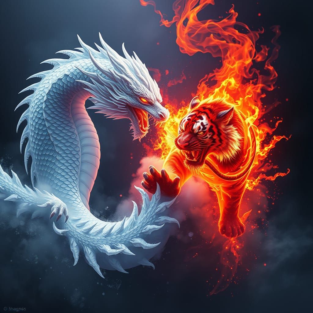 Surreal Dragon vs Tiger Clashes in a Dark Fantasy Realm