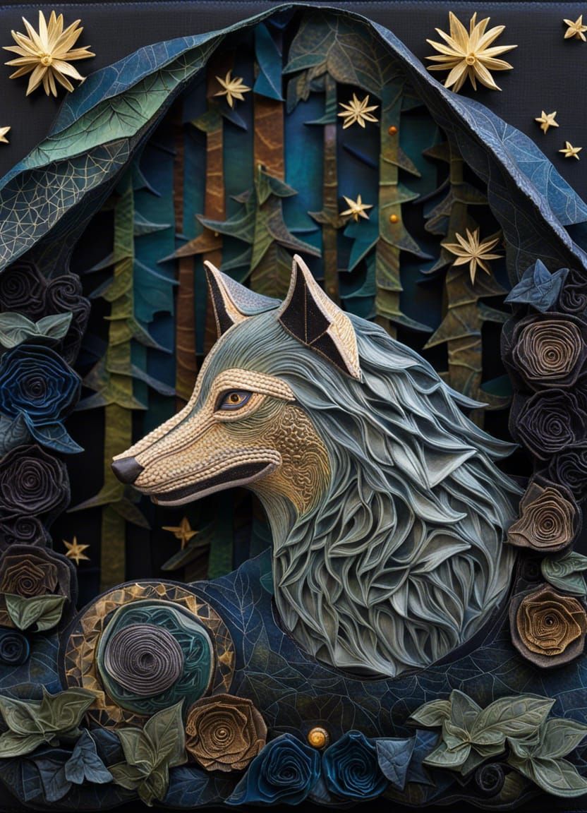 Wolf Howling in Forest, Textile Origami Art