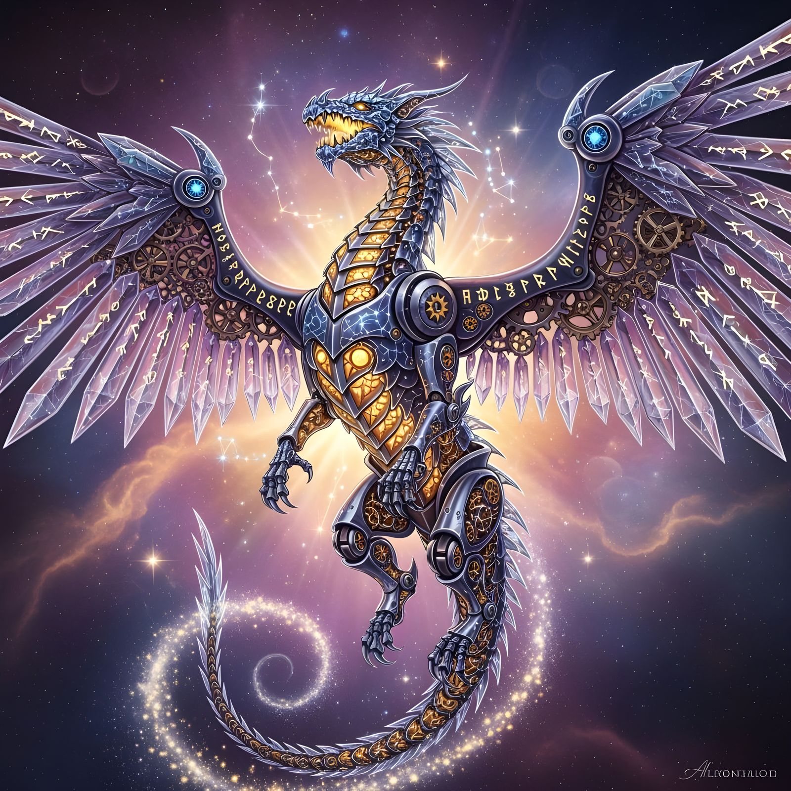 Celestial Clockwork Dragon Soaring Through Nebula