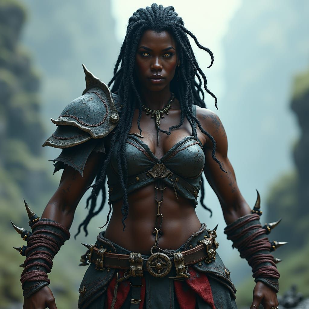 Onyx Barbarian Woman in Mystical Landscape