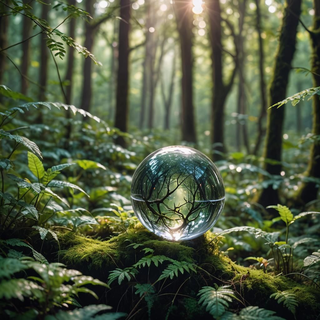 Glowing Crystal Orb in Lush Forest: Macro Photography