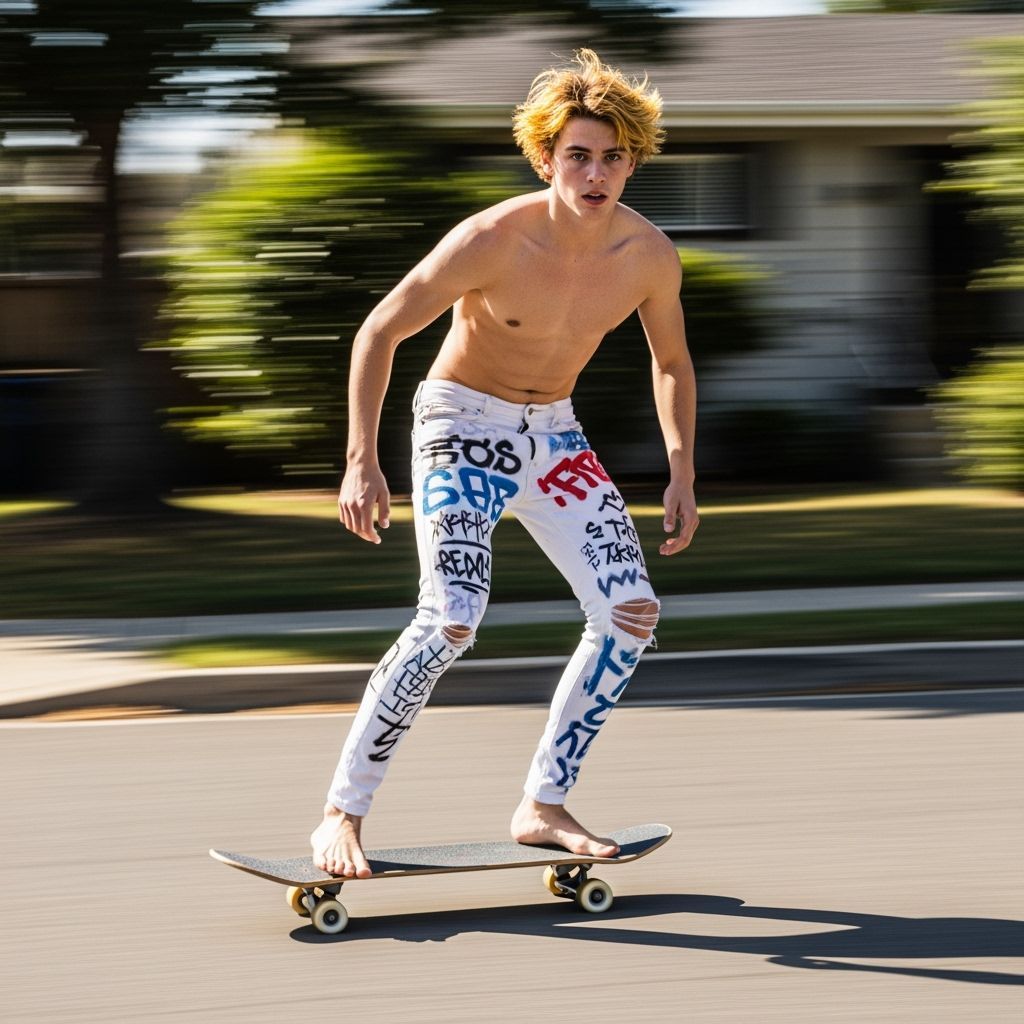 Barefoot Skateboarder Rides Through City Streets