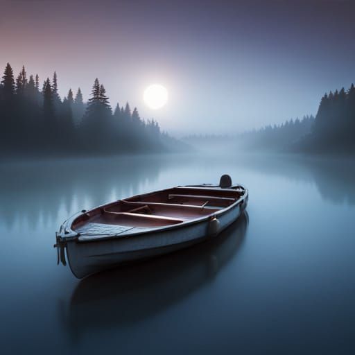 Misty Lake Dusk: A Detailed Boat Photograph