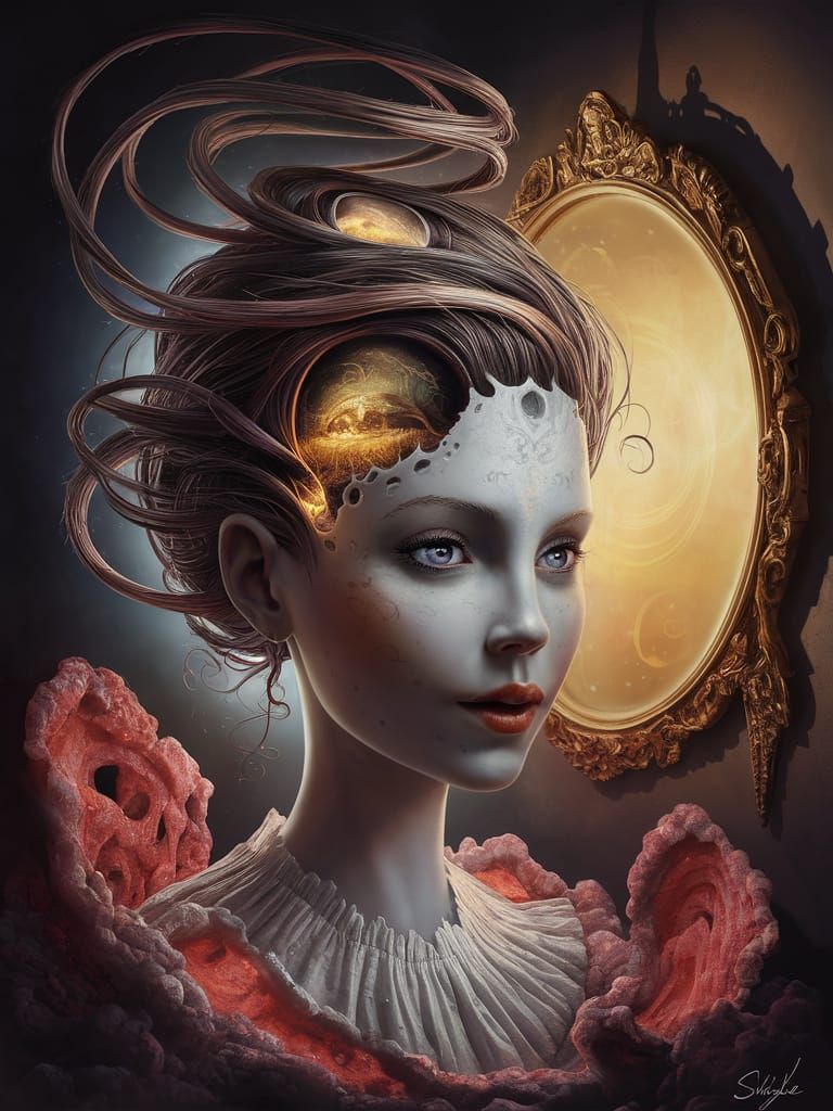Surreal Portrait of Automaton Audrey with Swirling Memories