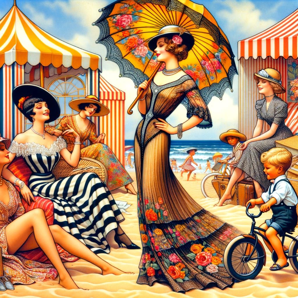 Elegant Women and Boy on a 1920s Beach in Colorful Illustrat...