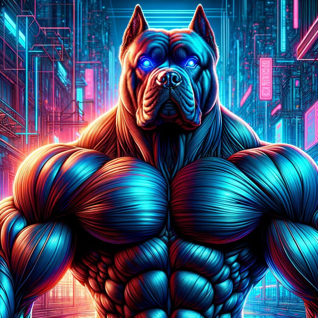 Hyper-Muscular Dog in Cyberpunk Cityscape