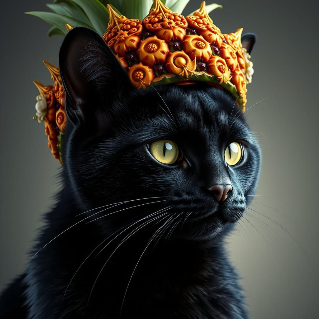 Regal Black Cat in Vibrant Art Nouveau Crown