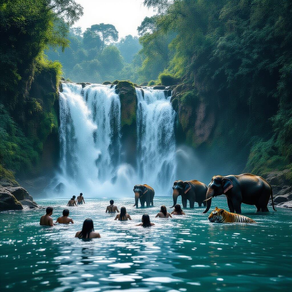 Jungle Waterfall Paradise With Elephants and Tigers