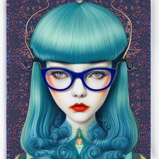 Pop Surrealist Woman with Blue Hair in Office