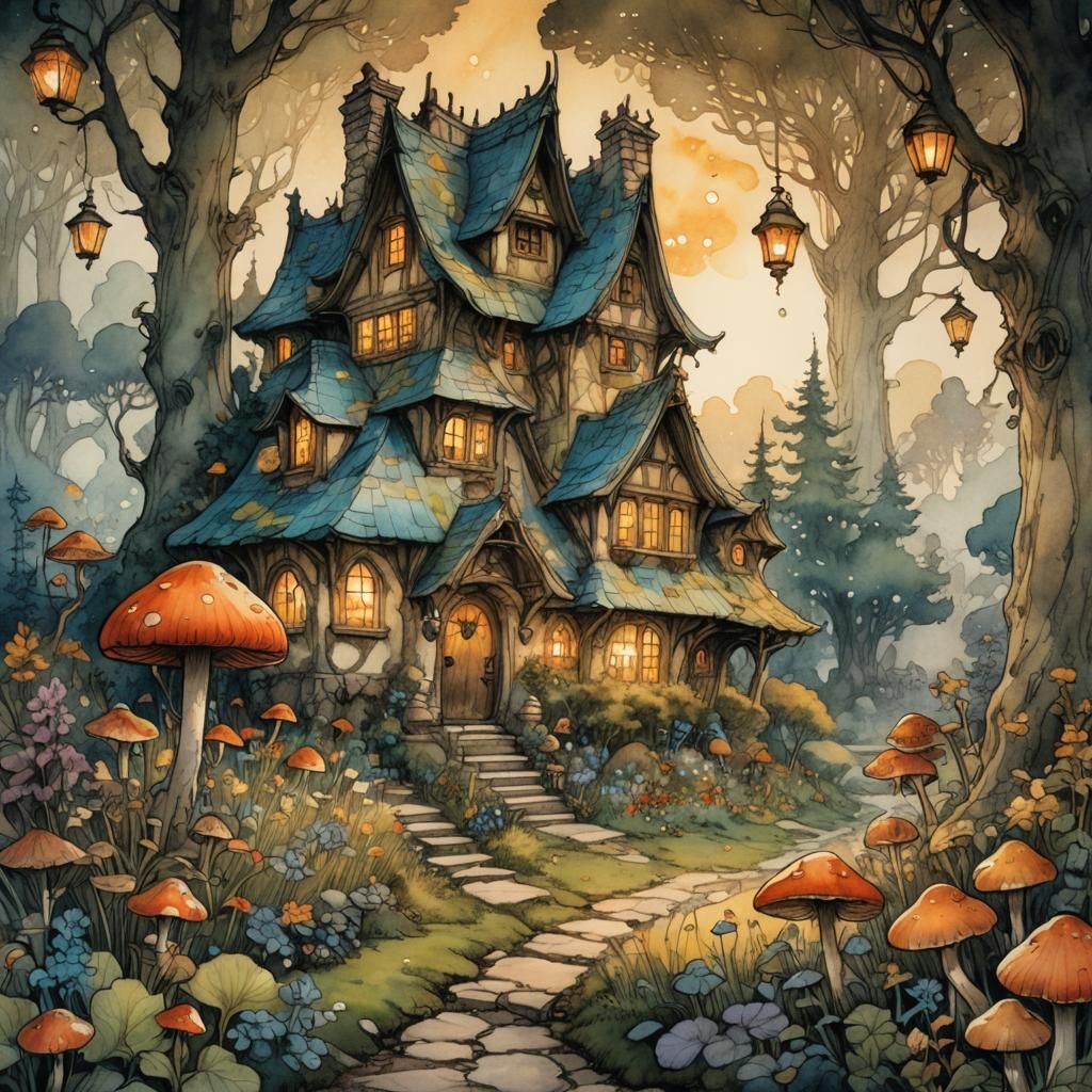 Whimsical Dwarves' House in Lush Landscape