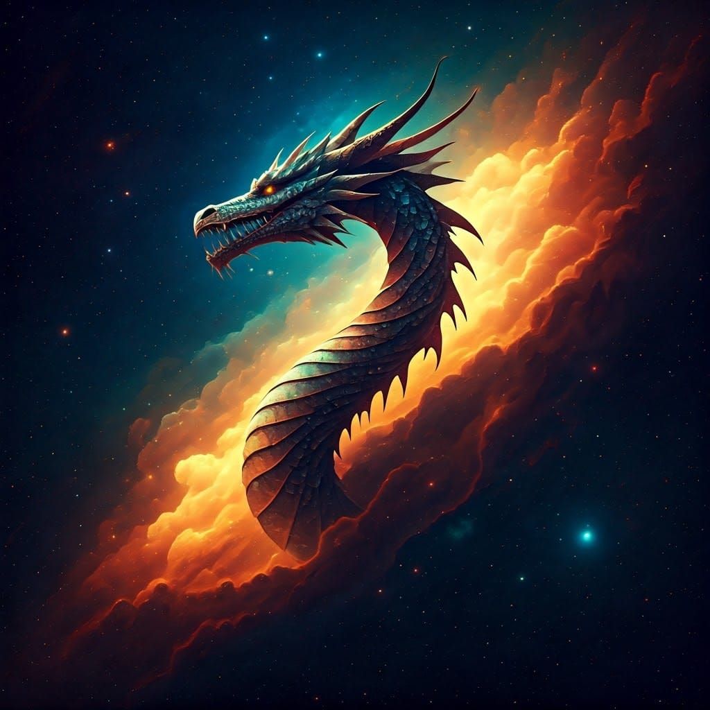 Cosmic Dragon Soaring Through Nebula, Digital Art