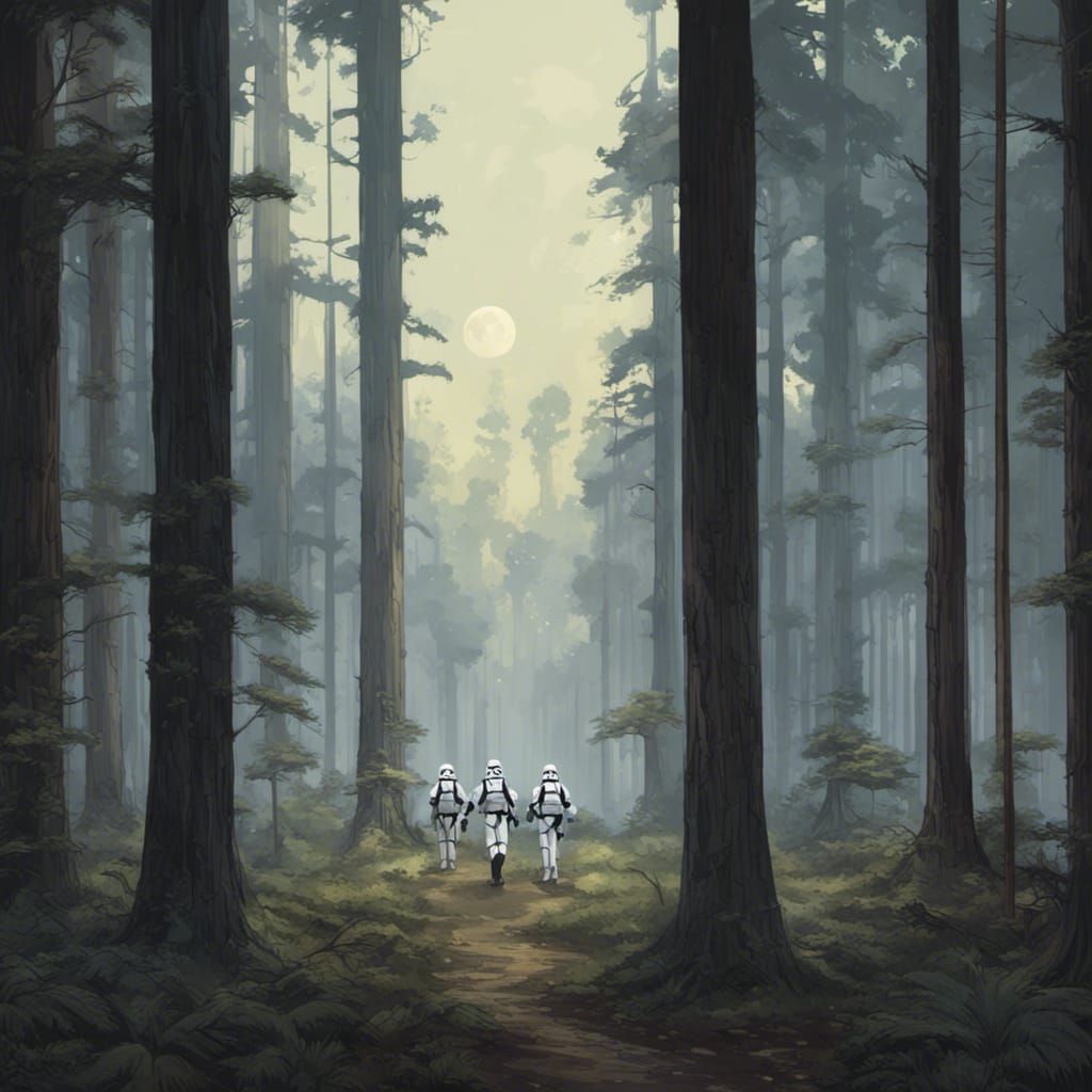 Imperial Stormtroopers Patrol Moonlit Endor Forest