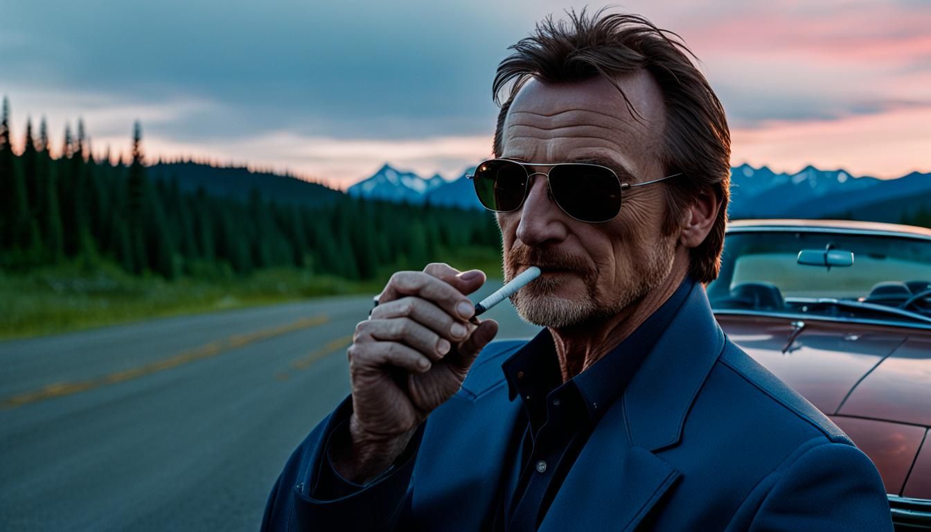 Blue Datsun 240Z on the Alaskan Highway