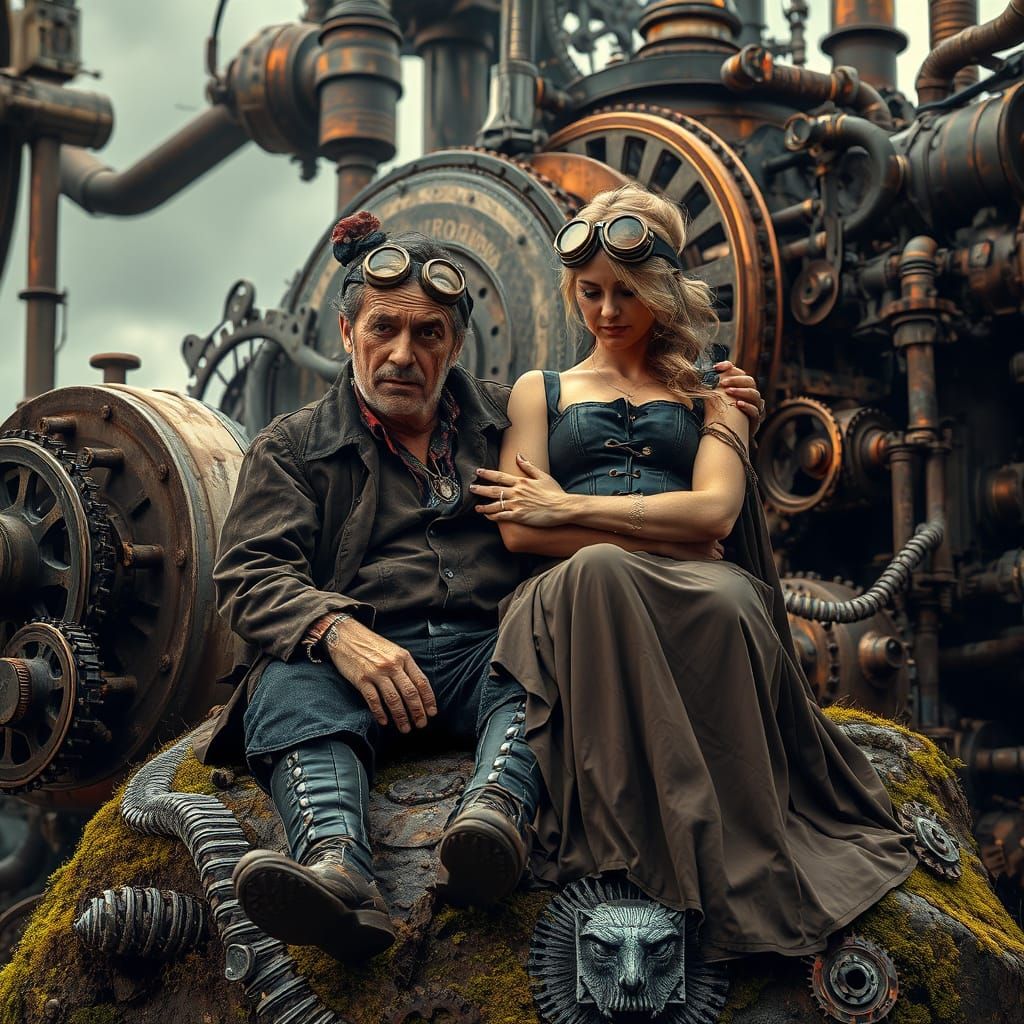 Steampunk Man Surrounded by Gears, Embraced by Wife in Victo...
