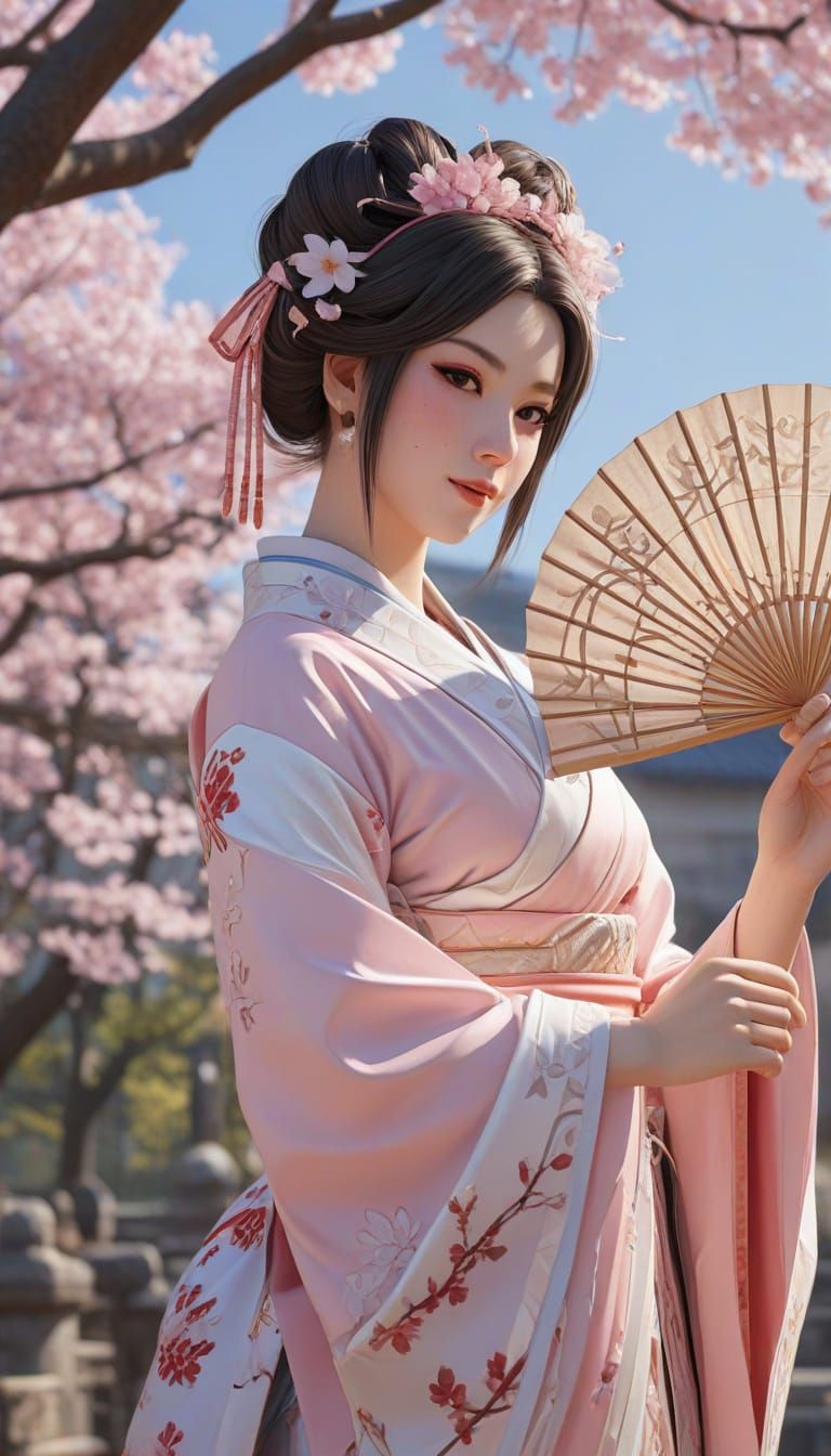 Geisha Dancing in Sakura Garden: 3D Anime Art