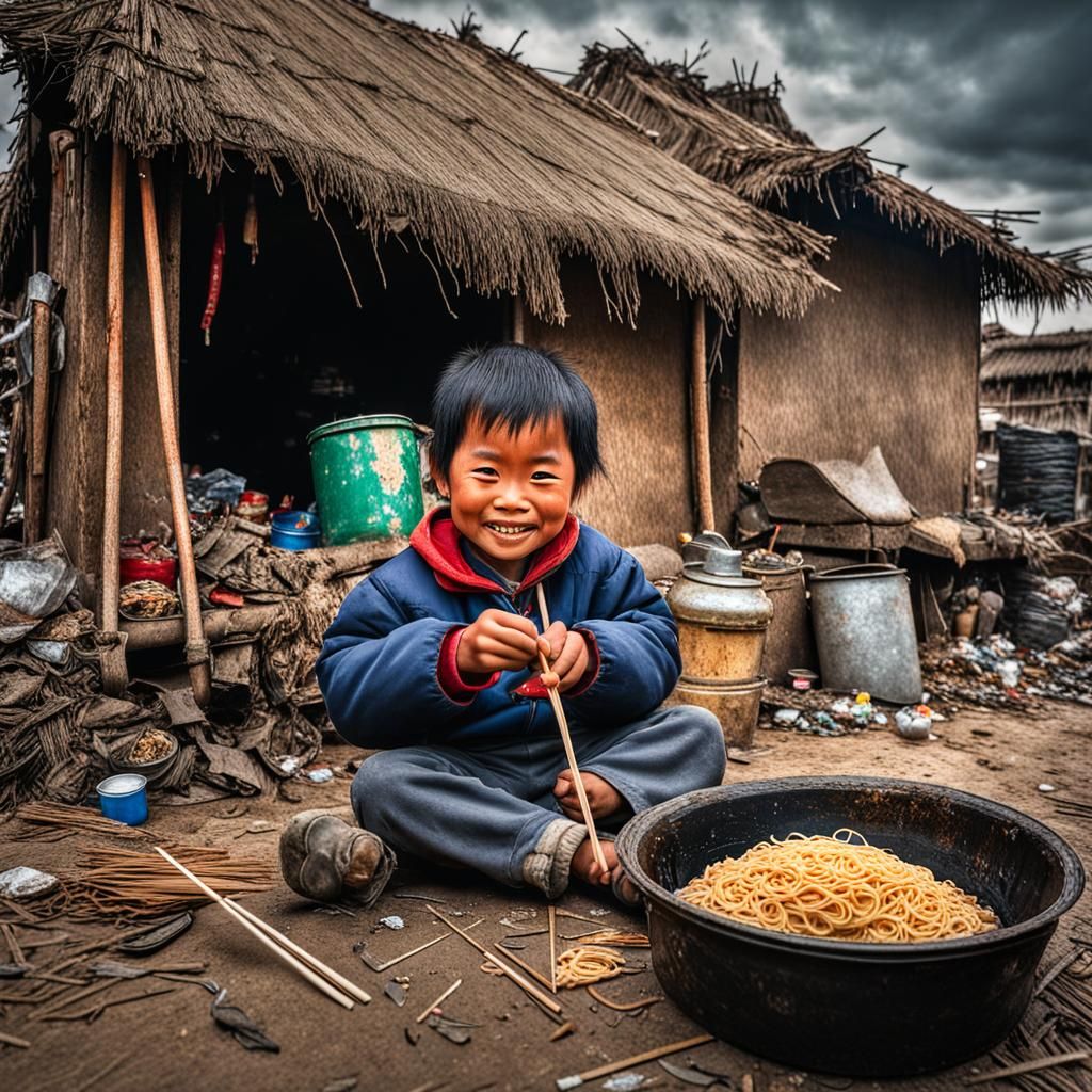 Happy Child Eating Noodles in Hyperrealistic Style