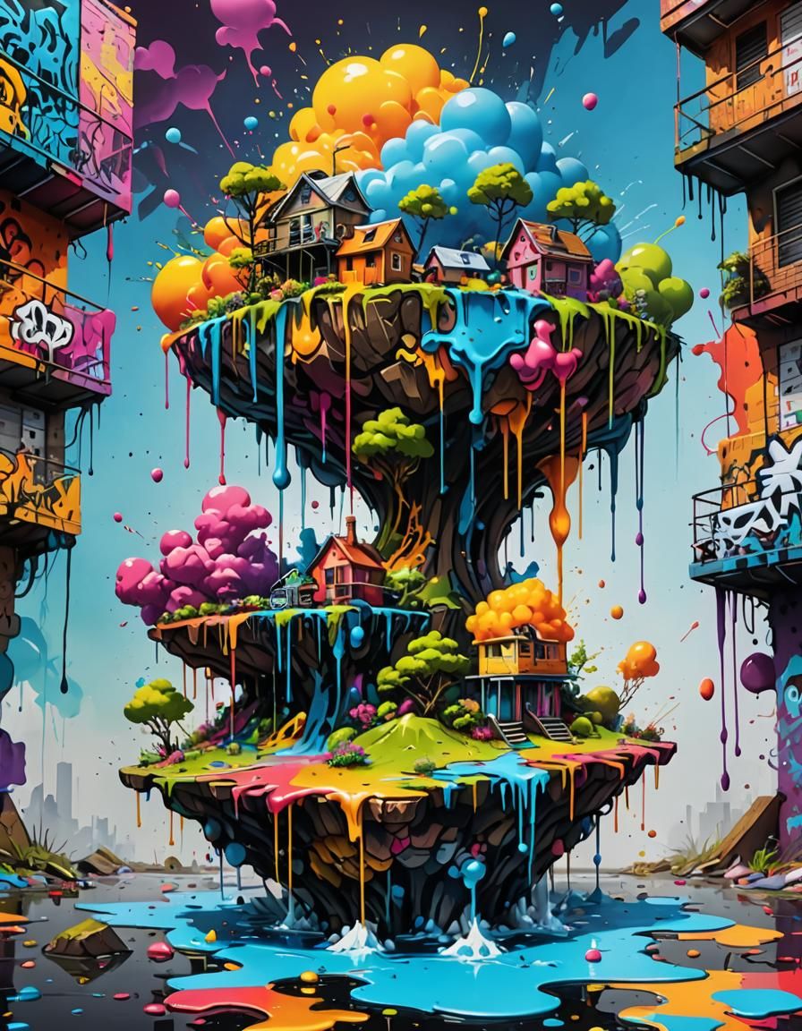 Colorful Floating Island in Graffiti Style