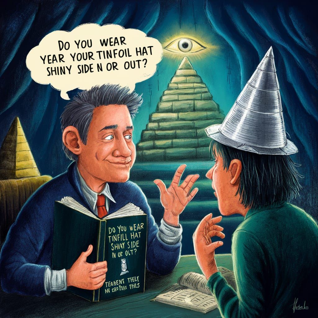 Humorous Conspiracy Theory Illustration with Tinfoil Hats