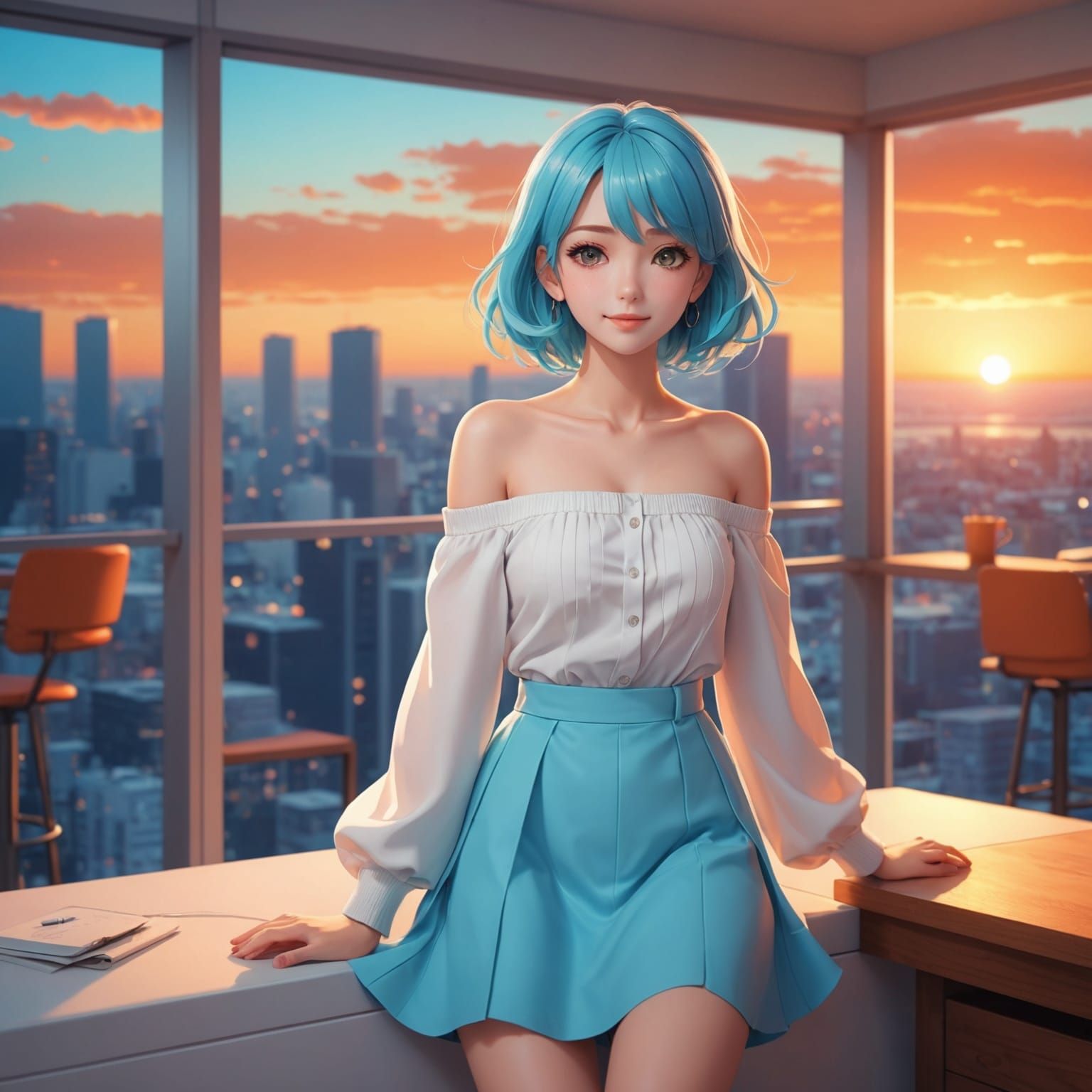 Anime Woman in Sunset Light, 3D Rendered Illustration